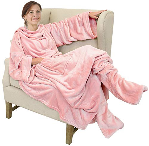 Catalonia Classy Decke mit Ärmeln und Fußtasche Geschenk für Frauen Herren, Flauschig Fleece Tragbare Kuscheldecke mit Ärmeln, Warm Decke zum Anziehen Ärmeldecke Erwachsene, 190 x 135 cm Rosa