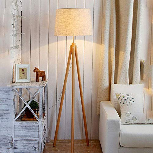 SHENGXUAN Lampadaire sur Pied Trépied en Bois Lampe de Sol Salon avec Abat-jour en Lin, Commutateur au Pied Style Scandinave Lampe E27 Lumière Douce Naturelle, Hauteur 158 cm pour Salon Chambre Bureau