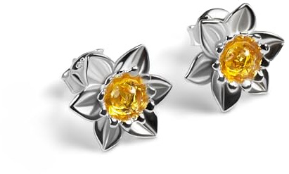 HENRYKA Daffodil Flower Stud Earrings - 925 Solid Sterling Silver & Baltic Amber | Welsh & Spring Floral Symbolism | Bridesmaid Accessory | 10 mm x 10 mm | Pair With Any Outfit