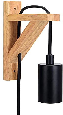 SHINY STAR Vintage Wall Light, Wooden Sconce Indoor Light with Plug-in and Long Cable Black Braided Cable Light Fixtures E27 Bulb Base Wall Light for Living Room HT207WPB