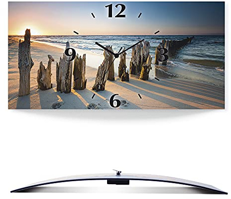 ARTLAND Wanddeko Wanduhr ohne Tickgeräusche Alu Funkuhr lautlos 60x30 cm Rechteckig Strandbilder Meer Sonnenuntergang Strand Maritim U1UI