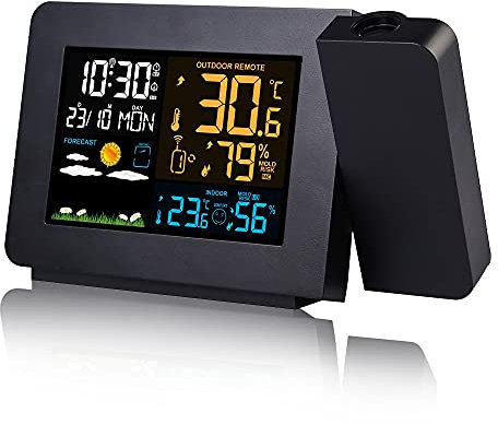 jiande Projection Alarm Clock with Outdoor Sensor, Personal Weather Station, Weather Forecast Dimmable Dual Alarms LCD Display Date Time Temperature Humidity