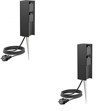 ledscom.de 2 Stück Garten-Steckdosen-Säule POMI mit Erdspieß und 2m Kabel für außen, IP44, 2-Fach, schwarz, eckig, 23cm