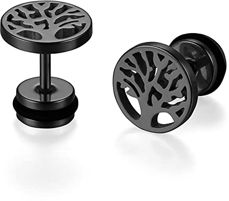 JewelryWe Schmuck Baum des Lebens Ohrstecker, Edelstahl Lebensbaum Runde Kreis Ohrringe für Herren Damen Tunnel Plug Ohrpiercing Barbell Stud Schwarz