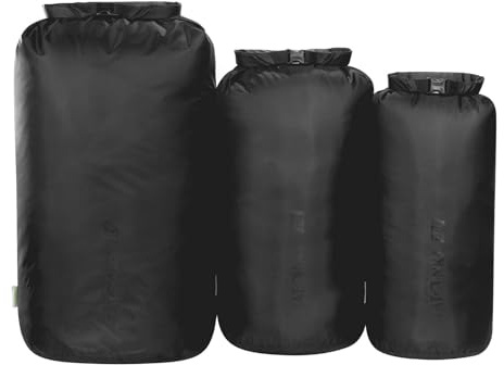 Tatonka förpackningspåsar Dry Bag Set 3 (10 l/18 l/30 l) – tre vattentäta packpåsar med rullstängning och spänne – tillverkade av återvunnen polyester – 10, 18 och 30 liter volym (svart)
