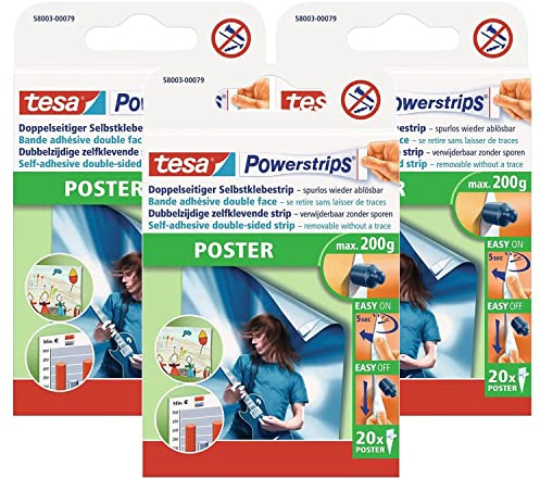 tesa 3X Powerstrips Poster Doppelseitige Klebestreifen für Plakate je 20 Stück