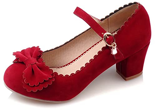 Lizoleor Women Closed Toe Mary Jane Party Ankle Strap Block Heels Pumps Bows Girls Mid Heel Summer Lovely Bridal Shoes Red Size 10 UK/47