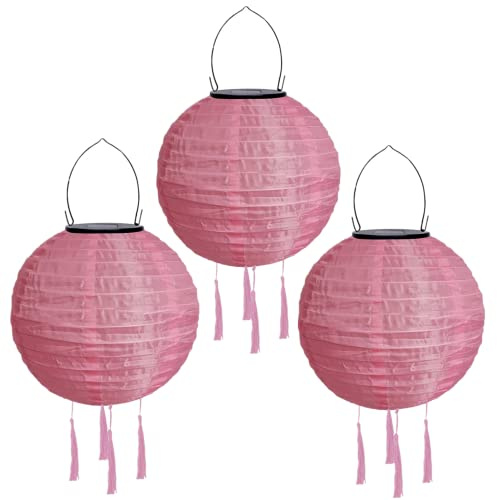 Yeehliny Solar Lampions Außen Wetterfest Solarlampiongs Outdoor Hängend Solar Lampion mit Quasten, 30cm Papierlaterner Aus Nylon, Solar Laterne Solarlampen für Außen Garten Balkon (3pcs/Rosa)