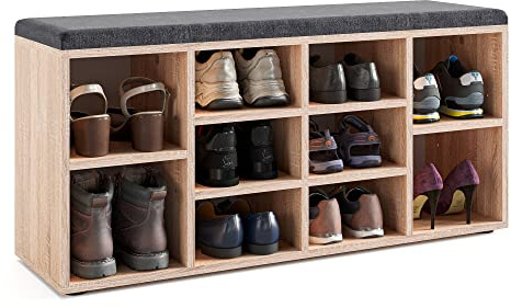 KOMTO Schuhbank mit Sitzfläche - Schuhregal Sonoma Eiche 104 x 50 x 30 cm Schuhschrank mit Sitzbank Flur Bank mit Stauraum Garderobenbank Sofia