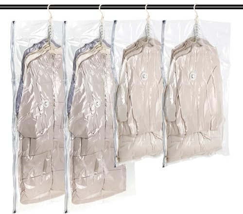 BULZEU Vakuumbeutel für Kleidung, Hängend Vakuumbeutel Mit Kleiderhaken, Platzsparende Vakuumbeutel zum Aufhängen, Aufbewahren von Jacken, Anzüge und Kleid, 4 Stück (105x70cm+135x70cm)-Transparent