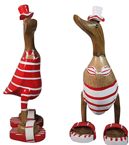 ART-CRAFT Lot de 2 figurines de canard en bois - Décoration de jardin - Racine de bambou et teck - Rouge - Bikini - 25 cm de haut - Peint à la main