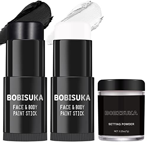 BOBISUKA Halloween Peinture Visage (Noir+Blanc) avec Poudre de Réglage, Peinture Corporelle Face Paint Stick pour Théâtre, Fêtes, Evénements Scolaires, Carnavals, Clowns, Squelettes, Zombies