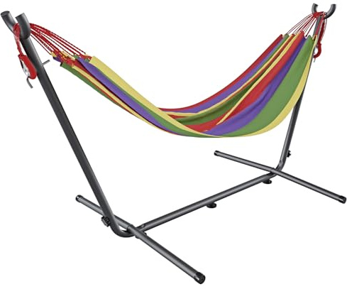 BRICOZONE Amaca con Supporto Brasiliana Tessuto Cotone 250 cm Portata 200 kg Autoportante Struttura di sostegno in Acciaio Borsa Custodia Trasporto Inclusa Spiaggia Campeggio Terrazzo Balcone (Rosso)