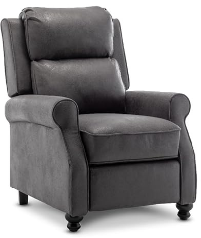 Stunning Chairs Grey Manual Recliner Chair – Reclining Armchair with Footstool, Faux Leather Armchair, Supportive High Back for the Elderly, Reading Chair, TV Chair