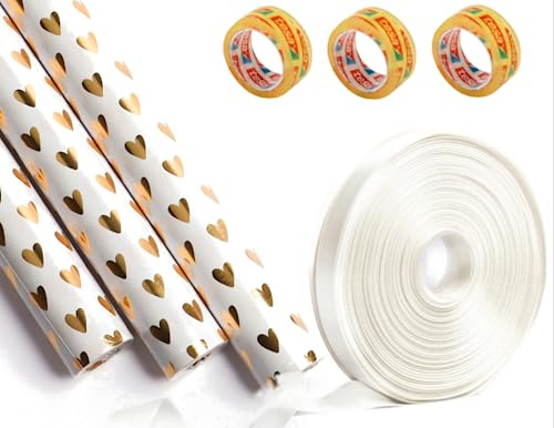 KC Shop Germany, 3x Geschenkpapier, Rollen, 70x300cm, gold, schick, Hochzeit, schön, edel, Herzen, Baby, groß, Kind, Frau, Mann (Goldene Herzen mit Schleife und Tesarollen)