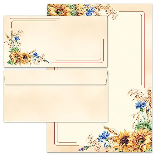 Briefpapier Set, 20 tlg. SPÄTSOMMER, 10 Blatt Briefpapier + 10 passende Briefumschläge ohne Fenster, DIN A4 & DIN LANG im Set., Blumenmotiv