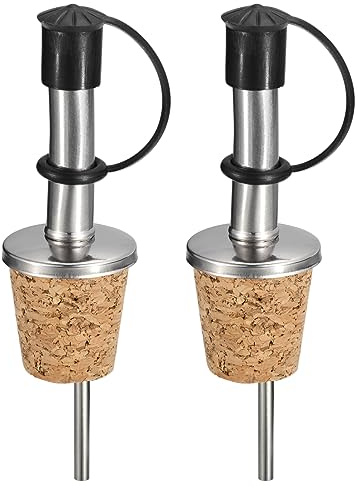 sourcing map Stainless Steel Bottle Pourers, 2Pcs Olive Oil Spout with Rubber Dust Caps, Cork Design Wine Bottle Stoppers for Pours Liquid, Olive Oil, Wine, Vinegar
