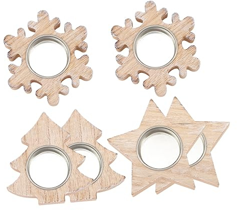 Warmhm 6StüCk Weihnachts-Teelichthalter Aus Holz in Sternform Und Weihnachtsbaum-Schneeflocken-Kerzenhalter Geeignet FüR Weihnachtstisch- Und Schreibtisch-MittelstüCke