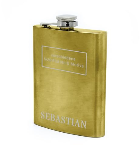 Flachmann mit Namens Gravur, Edelstahl, individuelle Geschenkidee zur Hochzeit, zum Geburtstag oder mehr! (gold)