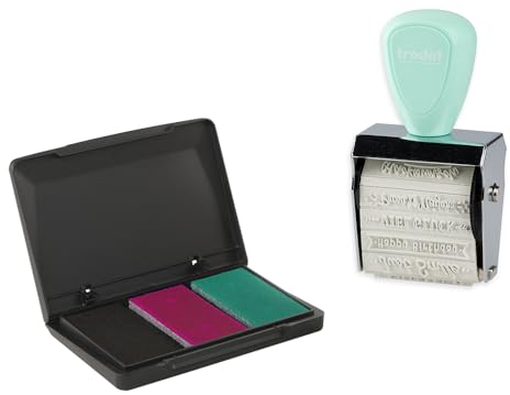 Trodat Creative Mini Stempel Set Beste Wünsche zum kreativen Gestalten – 12 Abdrucke, Deutsch, Kreativstempel in Pastellgrün inkl. Stempelkissen in Pink, Schwarz, Grün, 30x5 mm