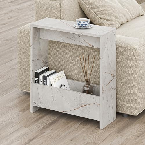 Beistelltisch mit integriertem Magazinhalter| kompakter Beistelltisch für Wohnzimmer und Büro| platzsparender End Table für kleine Räume| Magazinaufbewahrung| 20 x 55 x 60 cm (Gold Marmor Effekt)