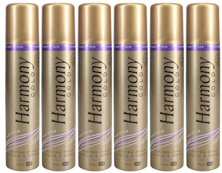 Harmony Haircare Gold Extra Firm Hold & Shine Hairspray, Long-Lasting for Up to 24-Hour, with UV Absorbers, Provitamins and Argan Oil, 6 x 75ml