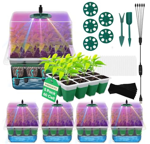 MQHUAYU 60-Cell Self Watering Seed Starter Tray with Grow Light, 5-Pack Reusable Seed Starter Kit with Soft Silicone, Plant Germination Trays with Humidity Dome for Seeding Planting Growing