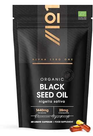 Organic Black Seed Oil Capsules 1440mg – 3X% Thymoquenine - 60 Vegan Capsules – Cold Pressed & Virgin Cumin Seed Oil by Alpha01