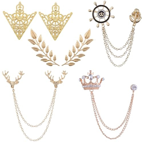 JinYu 7 Pcs Herren Brosche Krone Hängende Kette Brosche Stein Detaillierung mit Gravur Metall Kristall Brosche Anzug Stud Revers Pin Vintage Strass Brustnadel Hochzeit