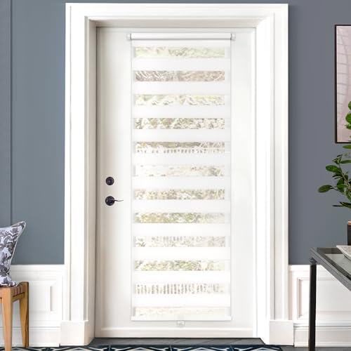 LazBlinds Cordless French Door Blinds, No Drill Roll Up Zebra Blinds, Light Control Day and Night Sheer Shades for Front Patio Sidelight Glass, 25.8'' W x 78'' L, White