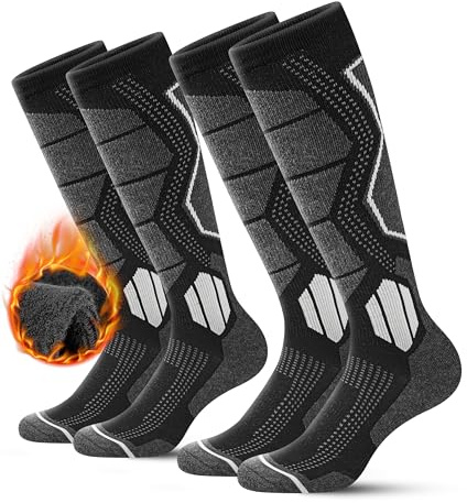 YESWEL Skisocken Herren & Damen aus Merino Wolle 2 Paar, Warme Thermosocken, Dicke Frottee Starker Schwarz Socken für Sport (43-46, 2 Paar | Schwarz)