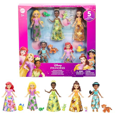 Mattel Disney Princesas y amigos Conjunto de juego con cinco muñecas pequeñas articuladas con faldas o pantalones extraíbles y cinco figuras de amigos, inspiradas en las películas de Disney, JBL33