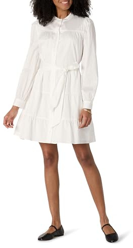 Amazon Essentials Vestido Camisero Escalonado de satén de algodón de Ajuste Regular para Mujer, Color Blanco, Talla S