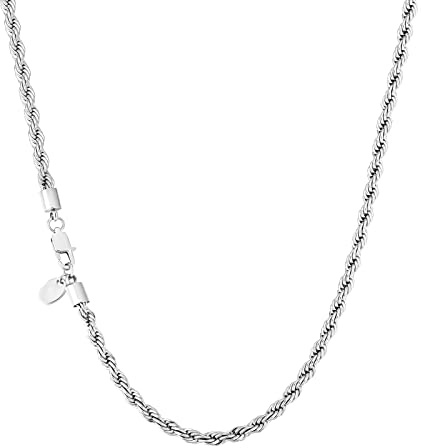 KRKC Herren Halskette, Kordelkette Silber Farbe Edelstahl 4mm Rope Chain, Nickelfrei Kette für Männer Herren Länge 50,8cm