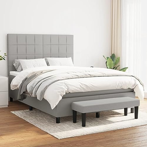 OHOOWOO Boxspringbett mit Matratze Hellgrau 140x190 cm Stoff,Boxspringbett mit verstellbarem Kopfteil, mittelharter Taschenfederkernmatratze und Bank in Hellgrau