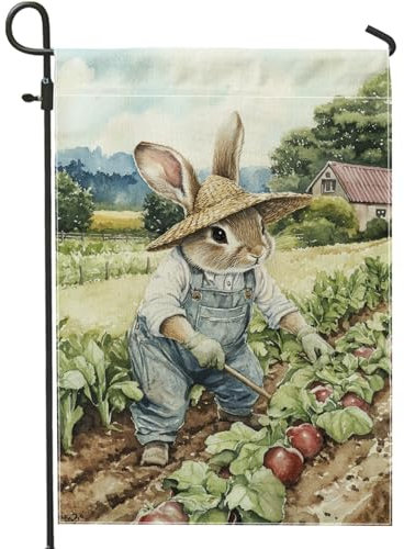 Frühlingskaninchen-Gartenflagge, niedlicher Hase mit Strohhut, Outdoor-Dekoration, doppelseitige Hofflagge für saisonale Dekoration, 30,5 x 45,7 cm