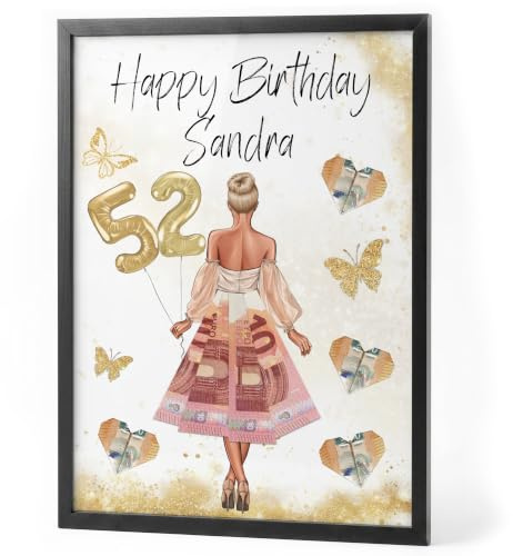 Papierschmiede® Geldgeschenk zum 52. Geburtstag | Look Änderbar! | 52 Jahre Bild mit Rahmen Geburtstagsgeschenk Beste Freundin 52. Geburtstag | Geschenk für Frau | Mädchen Geschenke | Jahrgang 1973