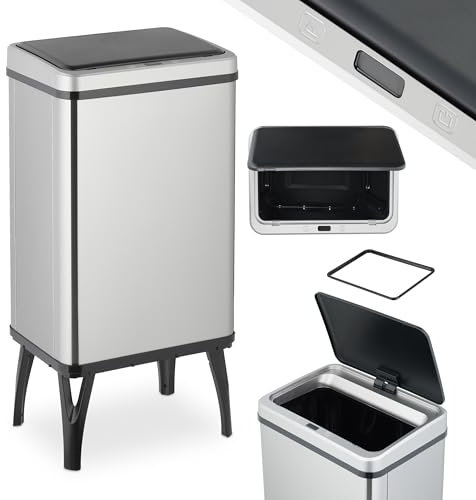 Relaxdays Cestino Automatico Spazzatura, Pattumiera Cucina 40 L, Coperchio Sensore Elettrico, Anello Buste, Acciaio Inox, Plastica