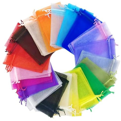 100 Stück Organzabeutel mit Kordelzug für Geschenke (mischen,9x12cm) | Transparentes Organza Säckchen mit Kordelzug – leer zum Befüllen für Lavendel, Obstschutz & Weihnachtsgeschenke.