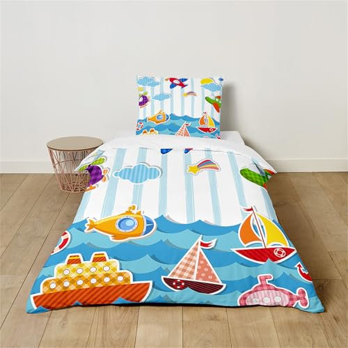 Hearda Kinderbettwäsche, Cartoon-Auto Bettwäsche Set mit Kissenbezug für Bettwäsche Mädchen Jungen Mikrofaser Kuschelige Bettwäsche, Bettdecke und Kissen Set mit Reißverschluss (Segelboot,200x200cm)