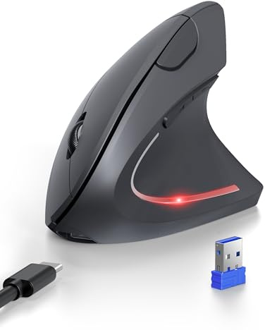 TECKNET Ergonomic Mouse, Bluetooth Rechargeable Vertical Mouse (BT5.0/3.0+USB-A), Wireless Right handed Mouse 6-Button, Optical Mouse 4800 DPI 6 Adjustable Levels,Quiet Clicks,Wide Compatibility-Gray