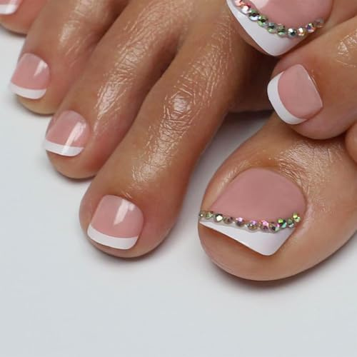 GlamRays 24 Pezzi Unghie adesive per Piedi, Unghie finte Corte Stile Francese, Adesivi Quadrati massicci per Unghie dei Piedi (Francese inclinata)