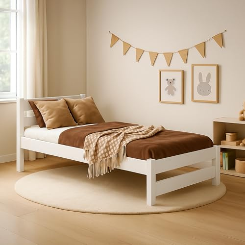 MEBLE WRÓBEL Kinderbett 80x180 cm in Weiß - Jugendbett - Kinder Bett Montessori - Einzelbett aus Kiefer Massivholz – Lattenrost – Tagesbett ohne Matratze