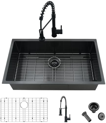 33 Inch Black Kitchen Sink and Faucet Combo Set-iAnomla 33x19 Undermount Sinks Black Stainless Steel Single Bowl Deep Kitchen Sink with Faucet Combo
