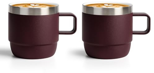 Zenbo 6 oz Espresso/Coffee Mug with Handle, Double Wall Vacuum Insulated 18/8 Stainless Steel Ceramic Lined Cups, Coffee, Tea, Hot & Cold Drinks, No Sweat, Dishwasher Safe（Wild Vine Red-2Pack）