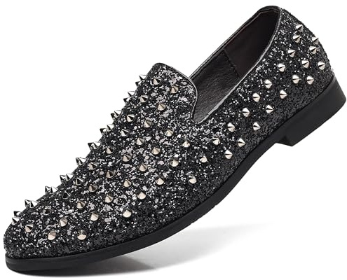 COSIDRAM Men's Vintage Studded Dress Loafers Luxury Rhinestone Tuxedo Glitter Sequins Rivets Wedding Party Prom Shoes Black 12