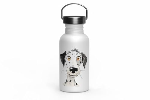 MAXIKIWI - Single Wall Stainless Steel Drinking Bottle with Screw Cap and Handle, Non Insulated Lightweight, BPA Free, Leak-Proof - Cute Funny Dalmatian Dog - 500ml