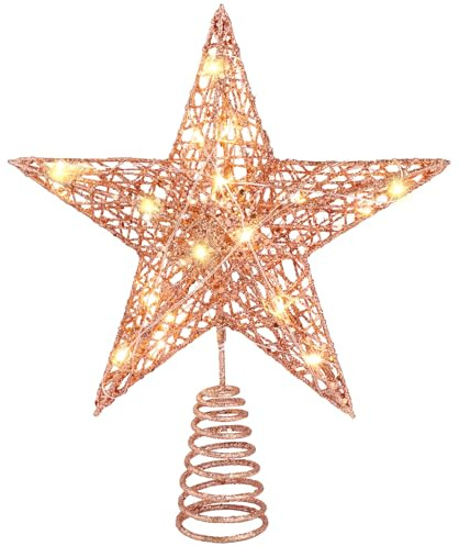 DTYDECLE Christmas Tree Topper Lighted, 11.4'' Rose Gold Glittered Xmas Hollow Star Treetop Toppers Ornaments with 20 LED Lights for Indoor Christmas Tree New Year Holiday Decorations