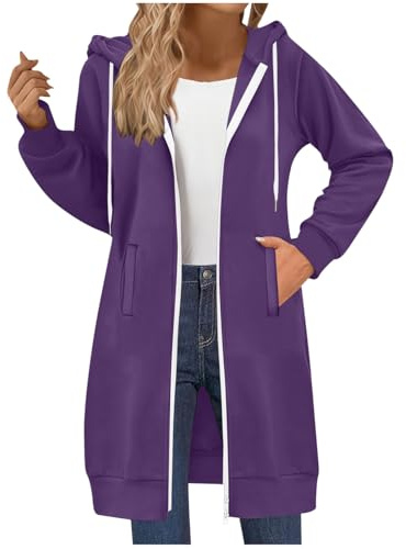 Zip Up Hoodie Women Oversized Double Zippered Longline Hoodie Solid Color Hooded Sweatshirts Fleece Jackets Long Sleeve Tops Casual Loose Fit Hoody Plain Sweater Winter Long Coats with Pockets