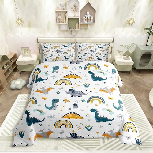 Homewish Dino Children's Bed Linen 155 x 220 cm Toddler Dinosaur Bed Linen Colourful Cartoon Dino Rainbow Flowers Butterfly Star Pattern Duvet Cover Set for Teenagers Boys Girls Microfibre